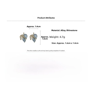 Detail view showing blue enamel leaf earrings with rhinestones and 1.6cm size dimensions