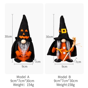 Tabella taglie dettagliata per gnomo di Halloween con scopa, dimensioni 30x9x7cm e peso