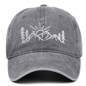 Washed dark gray cotton baseball cap featuring white landscape mountain and tree embroidery