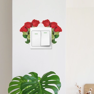 Creative red rose wall sticker surrounding a white double switch for home decoration