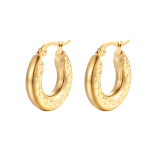 Hammered Texture Hoop Earrings Stainless Steel 18K Gold Plated Round Retro Fashion Jewelry For Women Hinged Closure