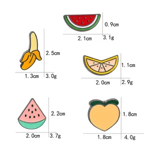 Size and weight guide for colorful fruit brooches including banana and watermelon set