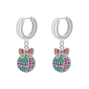 Detailed close-up of silver Christmas bell earrings with colorful pavé cubic zirconia