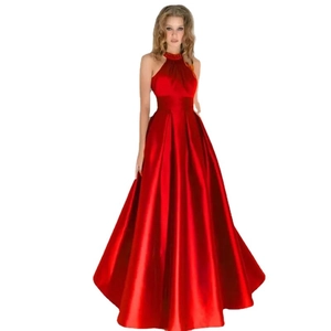 Elegant red sleeveless halter neck A-line satin evening gown with beaded neckline detail