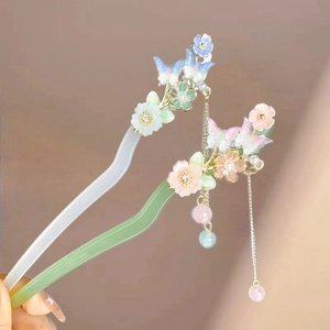 Traditional Chinese Style Hair Stick Acetate Resin Flower Butterfly With Alloy Tassel Elegant Vintage Hair Jewelry For Women