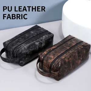 Waterproof PU leather travel toiletry bag set with dual zippers in black and brown