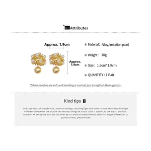 Detailed size and material diagram for gold floral cluster faux pearl earrings