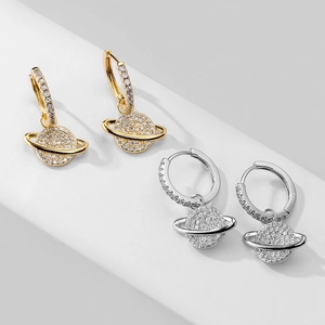 Creative Saturn airplane hoop earrings with sparkling cubic zirconia in gold and silver