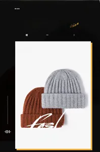 Close-up of ribbed knit texture on light grey and caramel winter beanies for unisex style