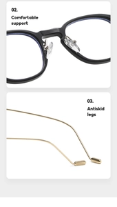 Detail of comfortable nose pads and antiskid gold metal legs on black eyewear frames