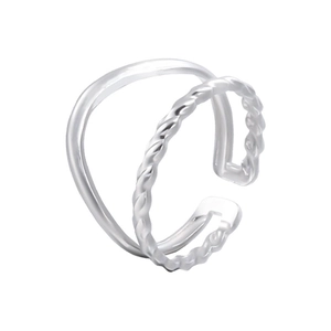 Minimalist silver stainless steel open ring with double layer smooth and twisted rope design