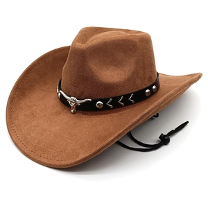 Cappello Da Cowboy Western Scamosciato Tesa Larga Con Fibbia Testa Di Toro Rivetto Cintura Cordino Regolabile Retro