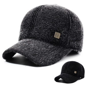 Faux Fur Winter Baseball Cap With Ear Flaps Warm Windproof Outdoor Plush Hat For Men Adjustable Metal Seal Decoration