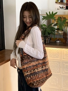 Ethnic style large capacity fuzzy tote bag with colorful stripes for daily shopping