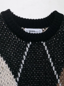 Detail shot of crew neckline and knit texture on the geometric diamond pattern sweater