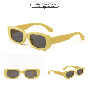 Three perspectives of retro yellow square frame sunglasses with dark gray lenses