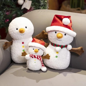 Three-piece plush snowman set in various sizes with cozy holiday scarves and hats