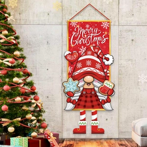 Red Christmas Gnome hanging banner with Merry Christmas text on a festive home background