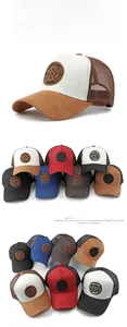 Detail der Trucker Cap aus Wildleder mit atmungsaktivem Mesh und Lederpatch-Aufnäher