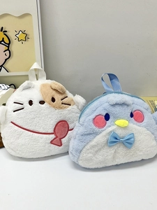 Cute plush cartoon cat and penguin backpack toys for children in soft fuzzy material