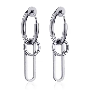 Hip Hop Hoop Earrings With Long Oval Geometric Pendant Titanium Steel Minimalist Punk Jewelry For Men Unisex
