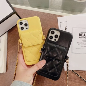 Quilted leather phone case with cross-body chain strap and integrated card pocket