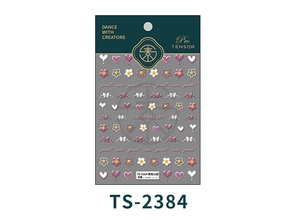 Detail of 3D embossed floral nail stickers featuring purple hearts and gentle lettering