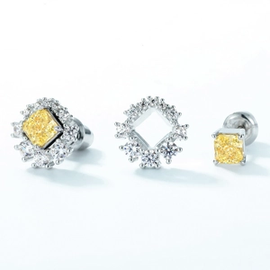 S925 sterling silver stud earrings with square yellow high carbon diamond and halo design