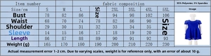 Size chart and fabric details for this elegant short-sleeve blue lace dress with fitted waist