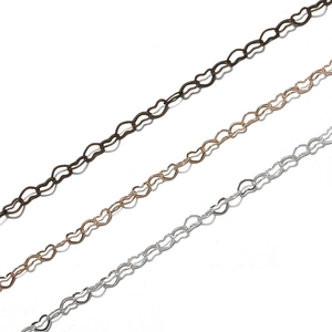 Hollow heart-shaped copper chain links in bronze, rose gold and silver finishes