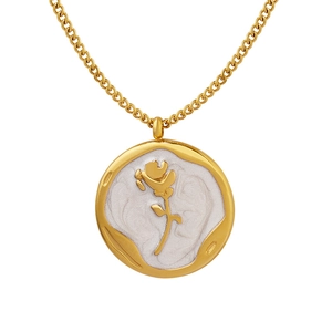 Vintage gold rose enamel pendant on a stainless steel curb chain for women