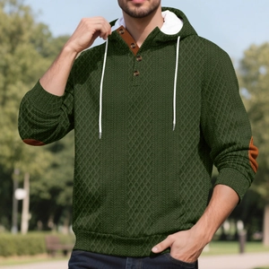 Sweat à capuche homme vert foncé à texture losanges avec cordons blancs et coudières
