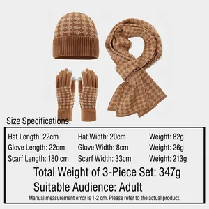 Winter 3-piece set with knitted hat, scarf, and touchscreen gloves in beige brown check