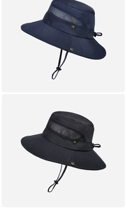 Detail of wide brim sun hats with mesh ventilation panels and adjustable windproof cords