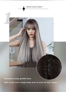 Detailed view of long straight brown wig with ombre finish and realistic scalp top