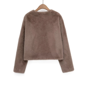 Brown short faux fur jacket for women with round neck and long sleeves, back view on hanger