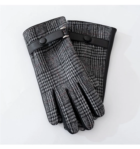 Detailed top view of grey plaid wool and PU leather touch screen gloves for men