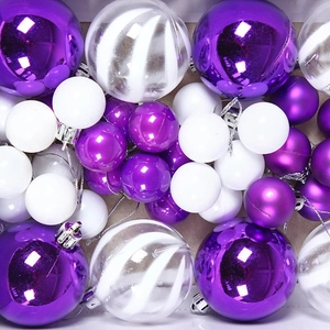 Set di palline di Natale viola e bianche con finiture lucide, opache e motivi a righe