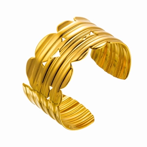 French vintage style 18k gold plated stainless steel wave open cuff bracelet