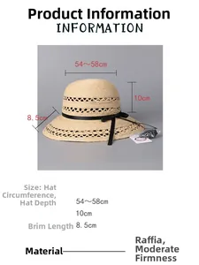 Detail specifications of beige raffia sun hat with measurements and black ribbon detail