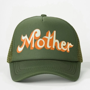 Vintage dark green trucker hat for women with retro Mother print and mesh back