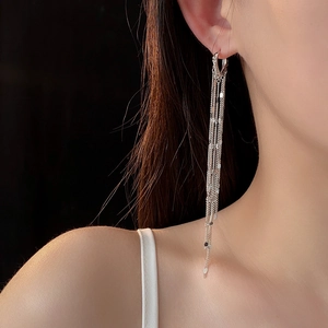 Close-up of silver chain tassel earrings with sequins worn by a model in detail