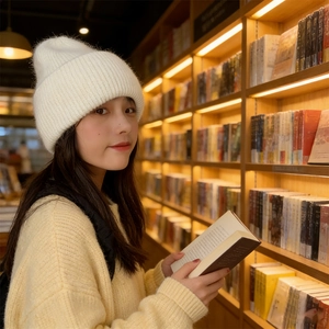 Close-up of a white knit beanie for women made of thick, warm rabbit hair yarn