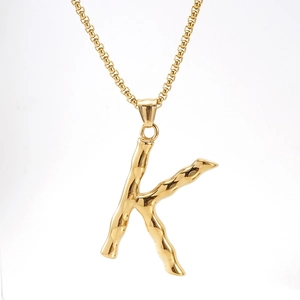 Gold stainless steel bamboo texture letter K pendant on classic box chain necklace