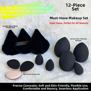 Detailed 12-piece black makeup sponge set including beauty blenders and mini puffs