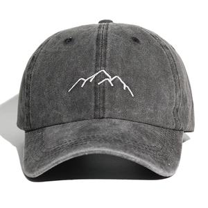 Washed black cotton baseball cap with white mountain embroidery for outdoor sports