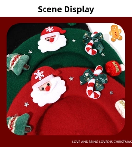 Close-up of red and green wool Christmas berets with Santa and candy cane ornaments