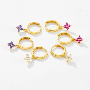 Three pairs of S925 silver gold-plated hoop earrings with colorful zircon flower pendants