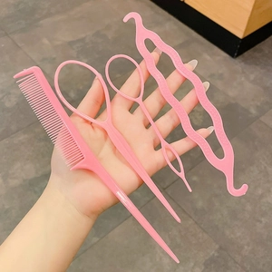 Pink 4pcs hair styling tool set with tail comb hair loop and braider for girls