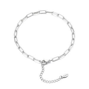 Minimalist silver stainless steel square link anklet with adjustable chain on white background